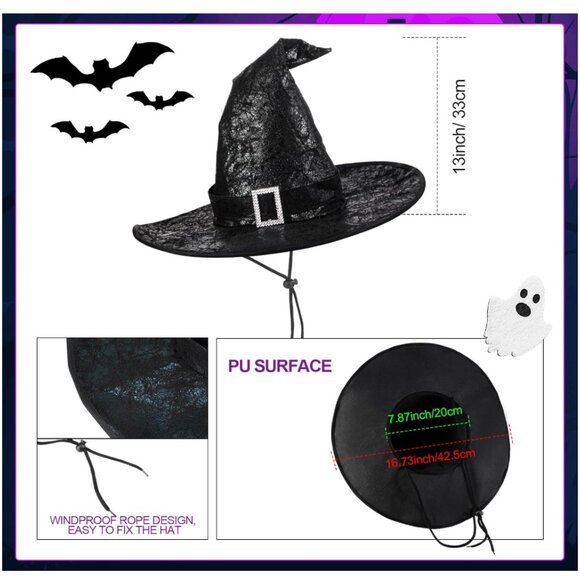 Hillban 5 Pcs Halloween Witch Costume for Women, Black Pointed Ruched Witch Hat - Picture 2 of 5